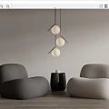 Rounded Leisure Sofa Set Dark Gray Light Beige On Wooden Floor With Hanging Spherical Lights