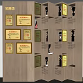 Wall Mounted Wooden Display Shelves with Honor Certificates and Mannequin Heads