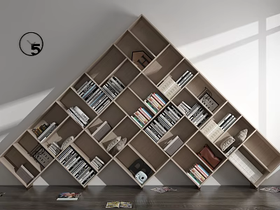 Geometric Wooden Bookshelf With Layered Shelves Filled With Various Books And Decorative Items 3d model