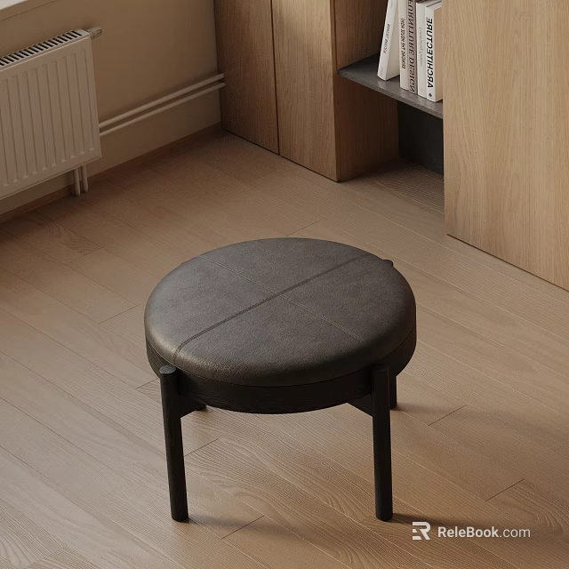 Modern Round Side Table With Gray Leather Stitched Surface And Black Legs On Wooden Floor 3d model 