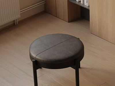 Modern Round Side Table With Gray Leather Stitched Surface And Black Legs On Wooden Floor 3d model