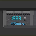 Parking Lot With Blue Sports Car Yellow Lines Scaffolding Digital Screen And Lighting Equipment