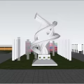 Modern Metal Sculpture In Outdoor Plaza With Green Grass And Trees