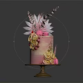Pink Ombre Cake With Golden Roses Pink Macarons And Feather Like Toppings On Brown Tray