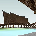 Waterfront Landscape With Wooden Structure Triangular Roof People Walking Reflection On Water And Surrounding Plants