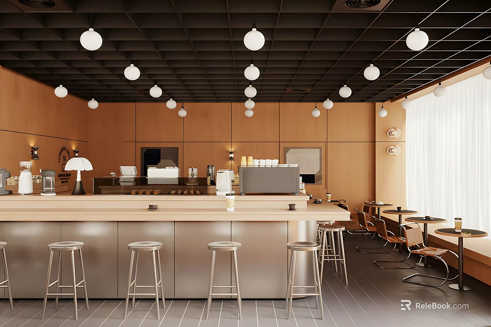 Modern Café Interior With Bar Counter Bar Stools Wooden Walls And Round Pendant Lights 3d model 