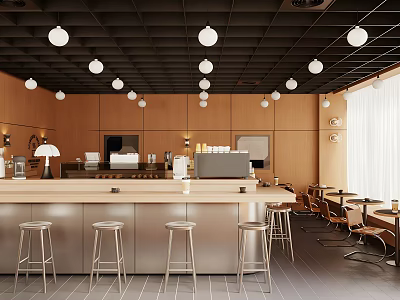Modern Café Interior With Bar Counter Bar Stools Wooden Walls And Round Pendant Lights 3d model