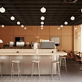 Modern Café Interior With Bar Counter Bar Stools Wooden Walls And Round Pendant Lights
