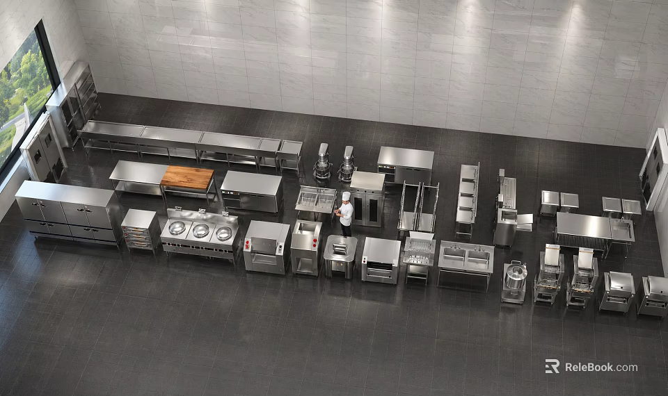 Spacious Commercial Kitchen With Stainless Steel Worktables And Cooking Equipment 3d model 