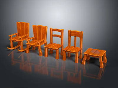 Wooden Leisure Chairs In Various Styles With Classic Design And Matching Stools 3d model