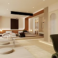 Modern Open Concept Living Space With Wooden Accents Large Windows And Artwork