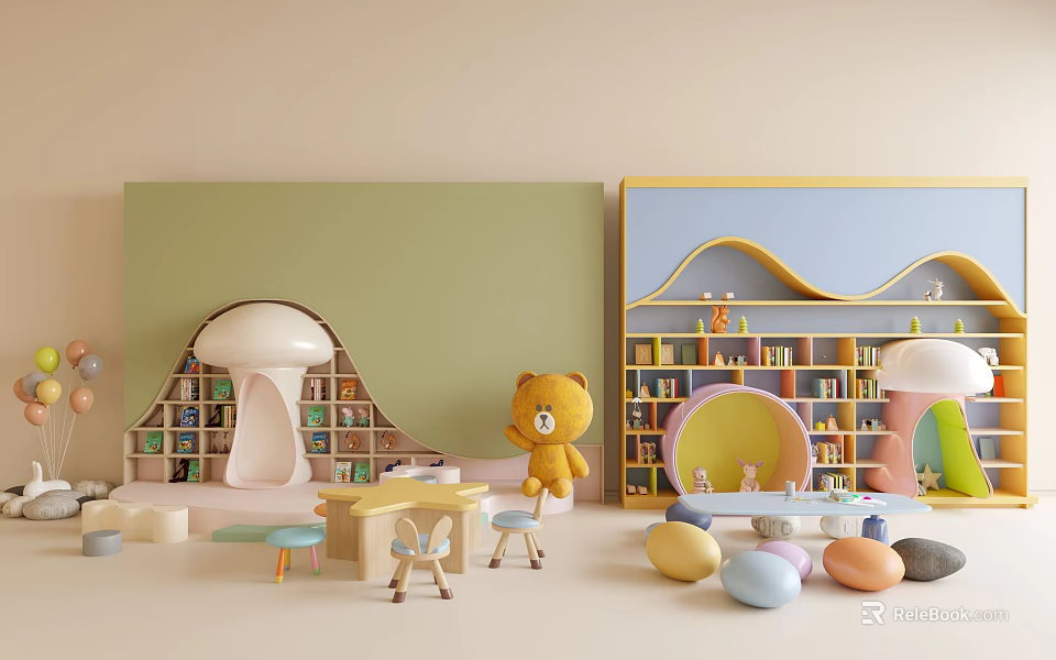 Colorful Kids Room With Mushroom Shaped Shelf Bookcase Table And Chairs 3d model 