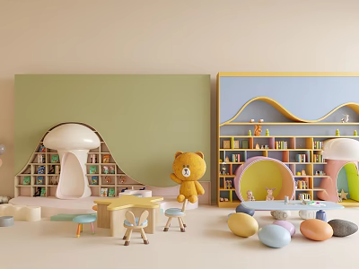 Colorful Kids Room With Mushroom Shaped Shelf Bookcase Table And Chairs 3d model