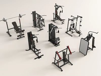 Various Types of Fitness Equipment Including Barbell Racks Multi Functional Trainers Benches and Abdominal Boards 3d model
