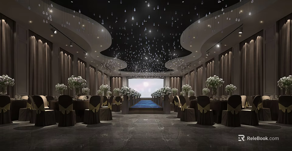Elegant Banquet Hall Interior With Crystal Chandeliers White Flower Arrangements And Stage 3d model 