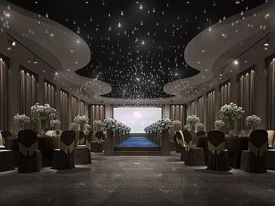 Elegant Banquet Hall Interior With Crystal Chandeliers White Flower Arrangements And Stage 3d model