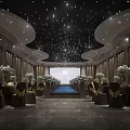 Elegant Banquet Hall Interior With Crystal Chandeliers White Flower Arrangements And Stage