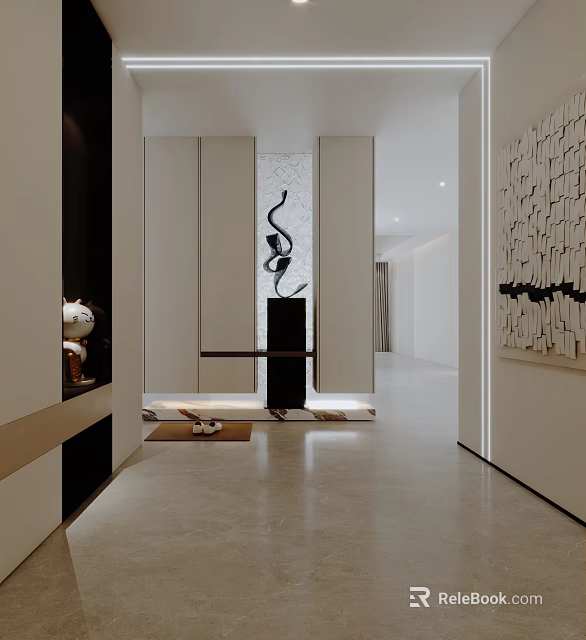 Elegant Modern Foyer Hallway Interior Design With Black Sculpture Wall Art And Decorative Figurine 3d model 