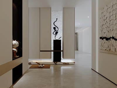 Elegant Modern Foyer Hallway Interior Design With Black Sculpture Wall Art And Decorative Figurine 3d model