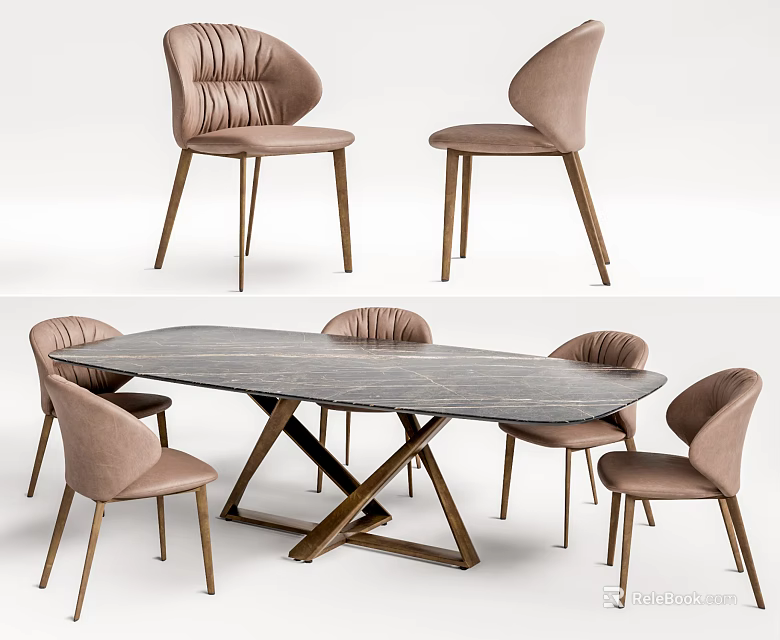Modern Dining Table Set With Marble Top And Light Brown Upholstered Chairs 3d model