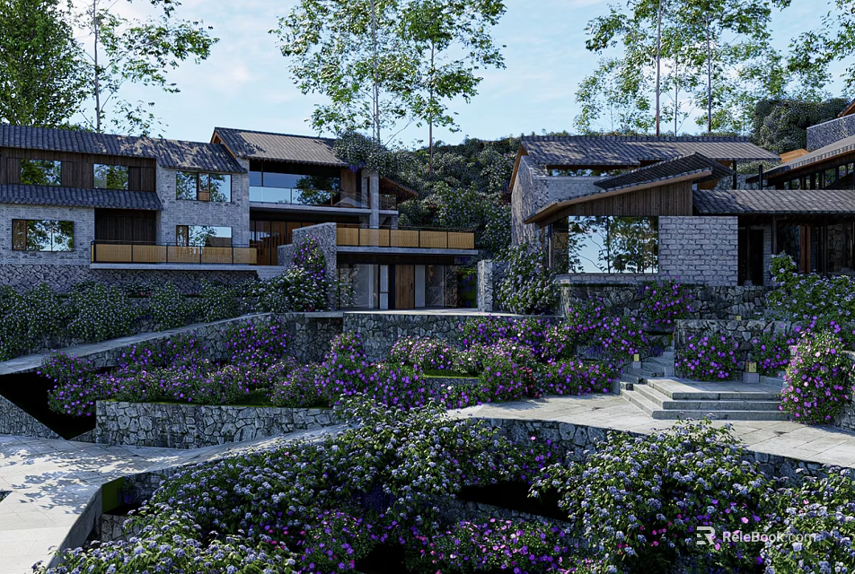 Boutique Guesthouse Building With Terraced Garden Stone Walls And Wooden Accents 3d model 