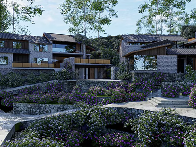 Boutique Guesthouse Building With Terraced Garden Stone Walls And Wooden Accents 3d model