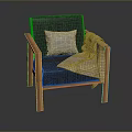 Gray Fabric Upholstered Chair With Wooden Frame Plaid Pillow And Blanket