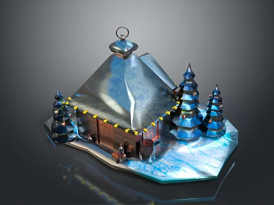 Small Wooden Cabin With Silver Metal Roof Ring Ornament And Blue Tower Trees On Icy Platform 3d model