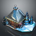 Small Wooden Cabin With Silver Metal Roof Ring Ornament And Blue Tower Trees On Icy Platform