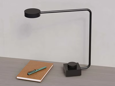 Modern Black Desk Lamp with Curved Arm on Wooden Tabletop with Notebook and Green Pen 3d model