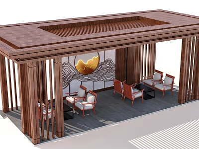 Traditional Wooden Pergola with Chairs Tables and Decorative Wall Art Design 3d model