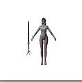 Woman In Transparent Top And Light Colored Bodysuit With Headpiece Holding Decorative Sword And Sandals