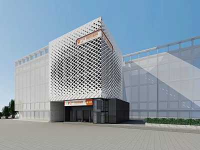 Modern Storefront Facade Design With Grid Pattern White Exterior And Entrance Area 3d model