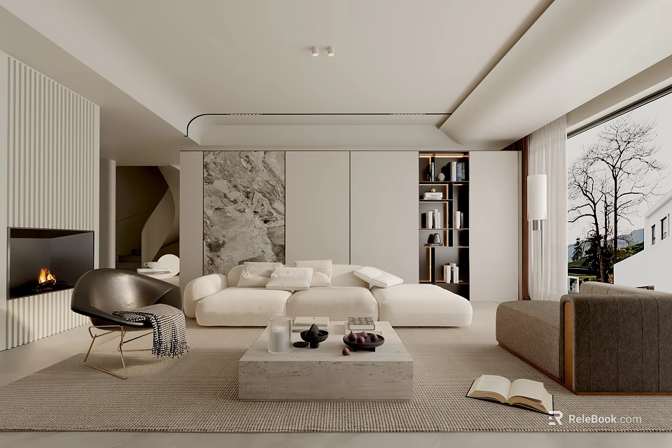 Modern Living Room Interior With White L shaped Sofa Gray Armchair And Concrete Coffee Table 3d model 