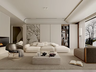 Modern Living Room Interior With White L shaped Sofa Gray Armchair And Concrete Coffee Table 3d model