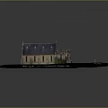Cartoon Scene with Brick Church Steep Roof Tower on Sandy Ground Small Figures Near Entrance