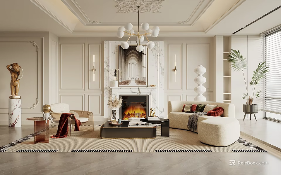Elegant Modern Living Room Interior With Fireplace Chandelier And Comfortable Sofa 3d model 