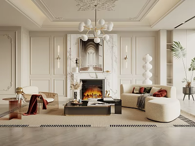 Elegant Modern Living Room Interior With Fireplace Chandelier And Comfortable Sofa 3d model