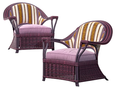 Stylish Wicker Armchair With Striped Backrest Armrests And Purple Cushion 3d model