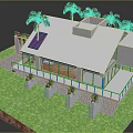 Cartoon Scenery Of Modern White House With Green Lawn Palm Trees And Solar Panels