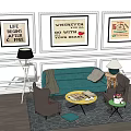 Teal Sofa and Round Coffee Table Set with Wall Posters Chairs Rug and Floor Lamp