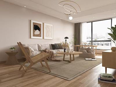 Modern Living Dining Room Interior With Light Colored Sofa Wooden Armchair And Circular Pendant Light 3d model