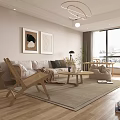 Modern Living Dining Room Interior With Light Colored Sofa Wooden Armchair And Circular Pendant Light