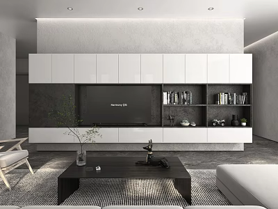 Modern TV Wall Unit Interior Design With White Cabinets TV Bookshelves And Decorations 3d model