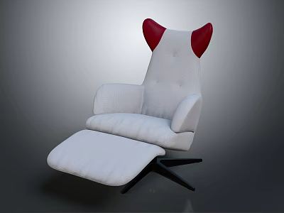 White Recliner Chair with Red Ear Shaped Accents Ottoman and Black Base Design 3d model