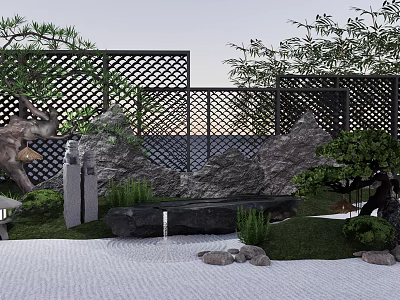 Karesansui Zen Garden Design Featuring Raked Gravel Stones Moss and Japanese Wooden Fence 3d model
