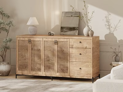 Natural Wooden Entryway Side Cabinet With Rattan Doors Drawers And Decorative Items 3d model