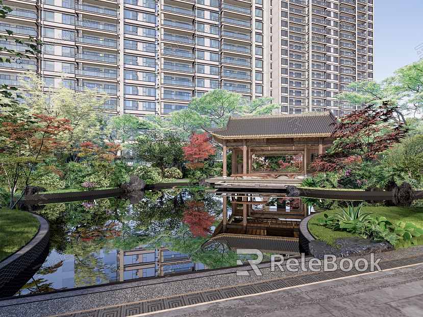 New Chinese-style Residential District Landscape Landscape Corridor Waterscape Plant Group model