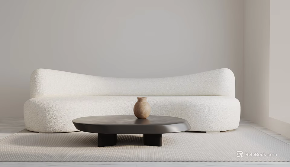 Modern White Three-Seater Sofa with Textured Fabric Round Black Coffee Table and Brown Vase 3d model 