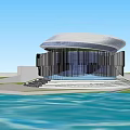 Modern Architectural Structure With Circular Roof Glass Facade And Water Reflection 3d model